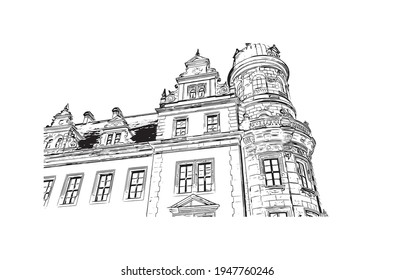 Building view with landmark of Dresden is the 
city in Germany. Hand drawn sketch illustration in vector.