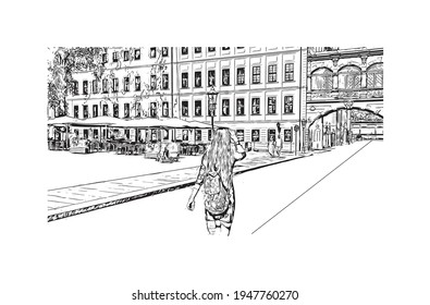 Building view with landmark of Dresden is the 
city in Germany. Hand drawn sketch illustration in vector.