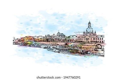 Building view with landmark of Dresden is the 
city in Germany. Watercolour splash with hand drawn sketch illustration in vector.