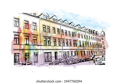Building view with landmark of Dresden is the 
city in Germany. Watercolour splash with hand drawn sketch illustration in vector.