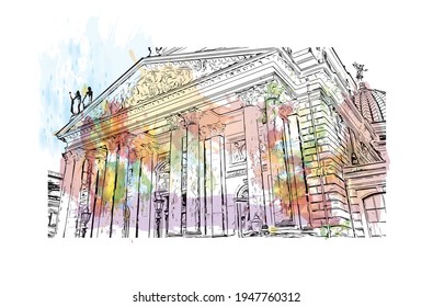Building view with landmark of Dresden is the 
city in Germany. Watercolour splash with hand drawn sketch illustration in vector.