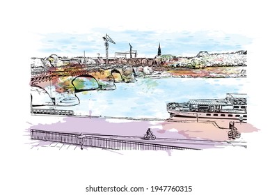 Building view with landmark of Dresden is the 
city in Germany. Watercolour splash with hand drawn sketch illustration in vector.