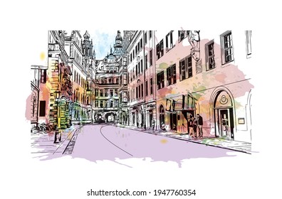 Building view with landmark of Dresden is the 
city in Germany. Watercolour splash with hand drawn sketch illustration in vector.