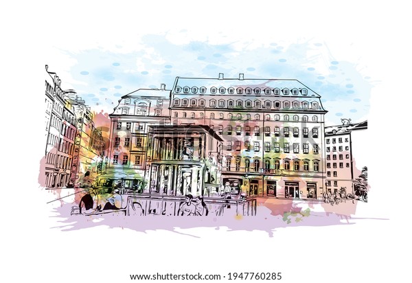 Building view with landmark of Dresden is the

city in Germany. Watercolour splash with hand drawn sketch
illustration in
vector.