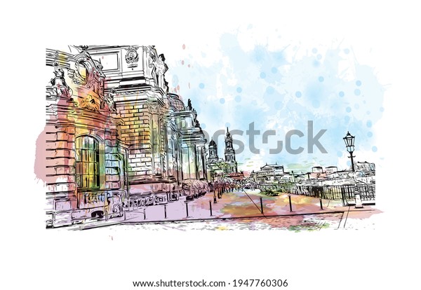 Building view with landmark of Dresden is the\
\
city in Germany. Watercolour splash with hand drawn sketch\
illustration in\
vector.