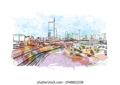 Building view with landmark of Dubai is the 
city in the United Arab Emirates. Watercolour splash with hand drawn sketch illustration in vector.