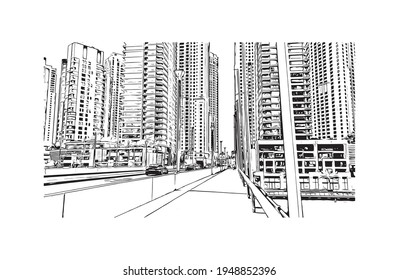 Building view with landmark of Dubai is the 
city in the United Arab Emirates. Hand drawn sketch illustration in vector.