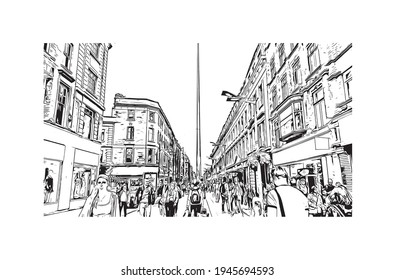 Building view with landmark of Dublin is the 
capital in Republic of Ireland. Hand drawn sketch illustration in vector.