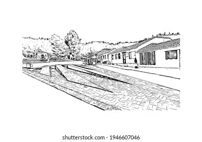 Building view with landmark of Duitama is the 
city in Colombia. Hand drawn sketch illustration in vector.