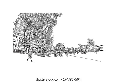 Building view with landmark of Dujiangyan is the city of China. Hand drawn sketch illustration in vector.