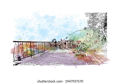 Building view with landmark of Dujiangyan is the city of China. Watercolour splash with hand drawn sketch illustration in vector.
