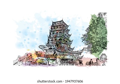 Building view with landmark of Dujiangyan is the city of China. Watercolour splash with hand drawn sketch illustration in vector.