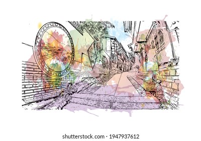Building view with landmark of Dujiangyan is the city of China. Watercolour splash with hand drawn sketch illustration in vector.