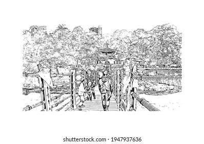 Building view with landmark of Dujiangyan is the city of China. Hand drawn sketch illustration in vector.