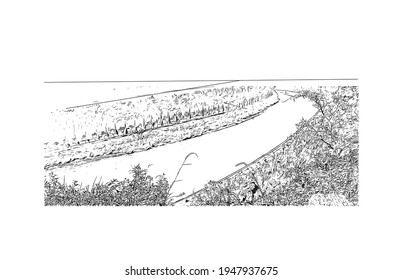 Building view with landmark of Dujiangyan is the city of China. Hand drawn sketch illustration in vector.