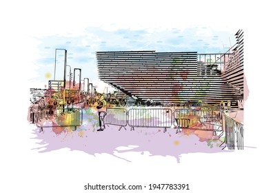 Building view with landmark of Dundee is the 
city in Scotland. Watercolour splash with hand drawn sketch illustration in vector.