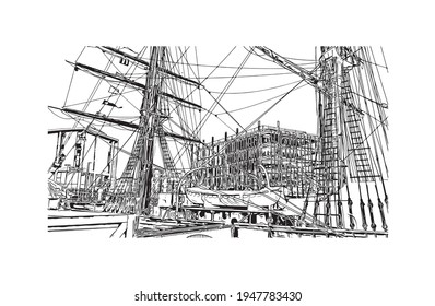 Building view with landmark of Dundee is the 
city in Scotland. Hand drawn sketch illustration in vector.