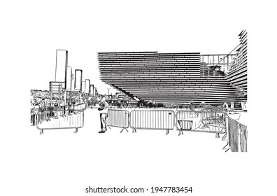 Building view with landmark of Dundee is the 
city in Scotland. Hand drawn sketch illustration in vector.