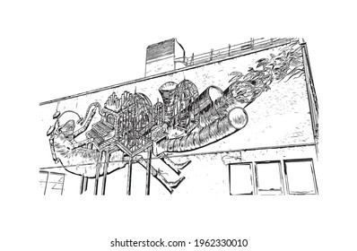 Building view with landmark of Dunedin is a city in New Zealand. Hand drawn sketch illustration in vector.