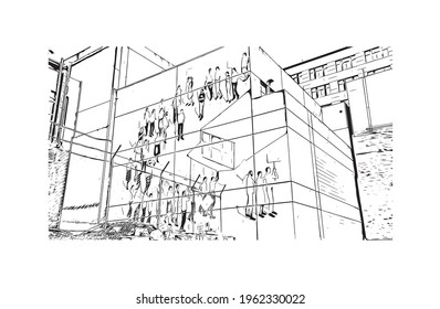 Building view with landmark of Dunedin is a city in New Zealand. Hand drawn sketch illustration in vector.