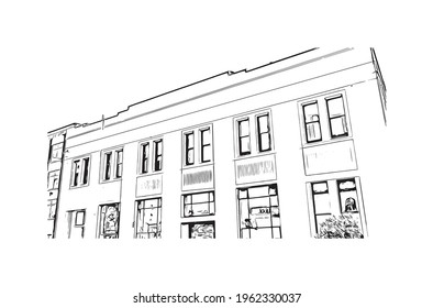 Building view with landmark of Dunedin is a city in New Zealand. Hand drawn sketch illustration in vector.
