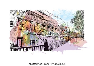 Building view with landmark of Dunhuang is a city in China. Watercolour splash with hand drawn sketch illustration in vector.