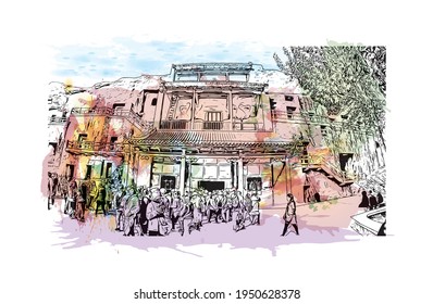 Building view with landmark of Dunhuang is a city in China. Watercolour splash with hand drawn sketch illustration in vector.