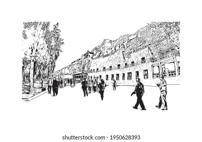 Building view with landmark of Dunhuang is a city in China. Hand drawn sketch illustration in vector.