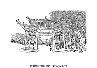 Building view with landmark of Dunhuang is a city in China. Hand drawn sketch illustration in vector.