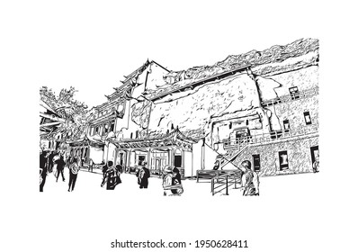 Building view with landmark of Dunhuang is a city in China. Hand drawn sketch illustration in vector.