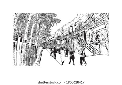Building view with landmark of Dunhuang is a city in China. Hand drawn sketch illustration in vector.