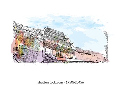 Building view with landmark of Dunhuang is a city in China. Watercolour splash with hand drawn sketch illustration in vector.