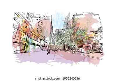 Building view with landmark of Duque de Caxias is the 
city in Brazil. Watercolour splash with hand drawn sketch illustration in vector.