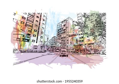 La vista de edificio con un punto de referencia del Duque de Caxias es 
ciudad de Brasil. Salto de color de agua con ilustración de esbozo dibujada a mano en vector.