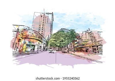 La vista de edificio con un punto de referencia del Duque de Caxias es 
ciudad de Brasil. Salto de color de agua con ilustración de esbozo dibujada a mano en vector.