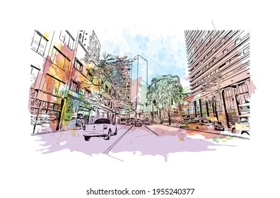 Building view with landmark of Duque de Caxias is the 
city in Brazil. Watercolour splash with hand drawn sketch illustration in vector.
