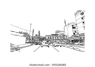 La vista de edificio con un punto de referencia del Duque de Caxias es 
ciudad de Brasil. Dibujo a mano de ilustración de esbozo en vector.