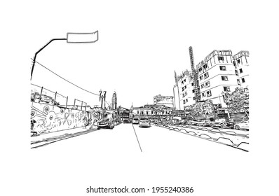 Building view with landmark of Duque de Caxias is the 
city in Brazil. Hand drawn sketch illustration in vector.