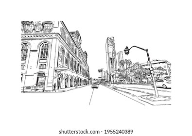 Building view with landmark of Duque de Caxias is the 
city in Brazil. Hand drawn sketch illustration in vector.