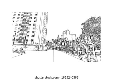 La vista de edificio con un punto de referencia del Duque de Caxias es 
ciudad de Brasil. Dibujo a mano de ilustración de esbozo en vector.