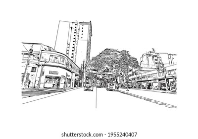 Building view with landmark of Duque de Caxias is the 
city in Brazil. Hand drawn sketch illustration in vector.