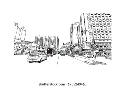 Building view with landmark of Duque de Caxias is the 
city in Brazil. Hand drawn sketch illustration in vector.