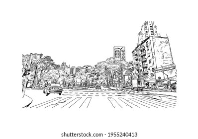 Building view with landmark of Duque de Caxias is the 
city in Brazil. Hand drawn sketch illustration in vector.