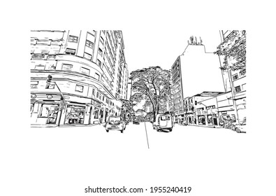 La vista de edificio con un punto de referencia del Duque de Caxias es 
ciudad de Brasil. Dibujo a mano de ilustración de esbozo en vector.