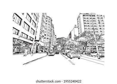 Building view with landmark of Duque de Caxias is the 
city in Brazil. Hand drawn sketch illustration in vector.
