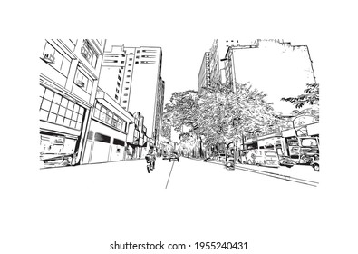 Building view with landmark of Duque de Caxias is the 
city in Brazil. Hand drawn sketch illustration in vector.