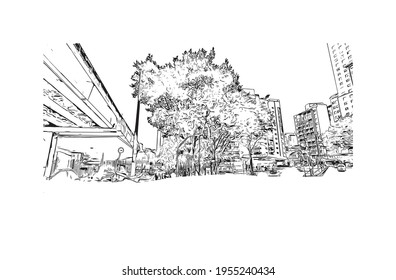 Building view with landmark of Duque de Caxias is the 
city in Brazil. Hand drawn sketch illustration in vector.