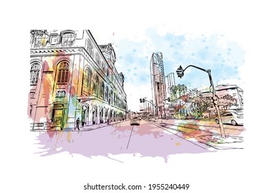 Building view with landmark of Duque de Caxias is the 
city in Brazil. Watercolour splash with hand drawn sketch illustration in vector.