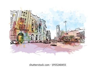 La vista de edificio con un punto de referencia del Duque de Caxias es 
ciudad de Brasil. Salto de color de agua con ilustración de esbozo dibujada a mano en vector.