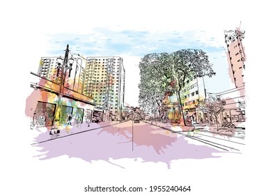 La vista de edificio con un punto de referencia del Duque de Caxias es 
ciudad de Brasil. Salto de color de agua con ilustración de esbozo dibujada a mano en vector.
